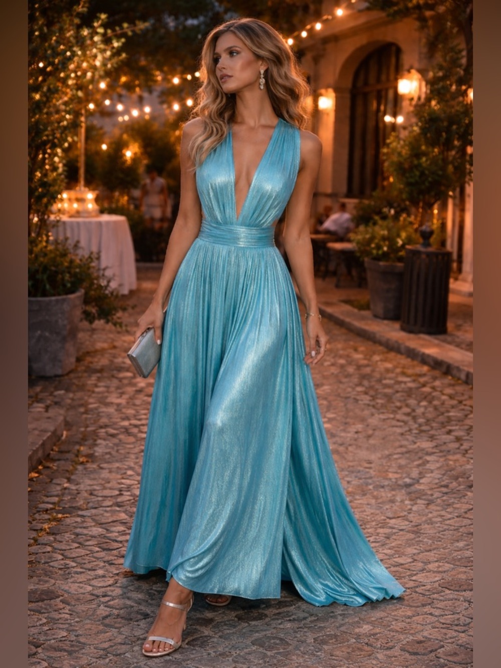 Bronx & Banco Romi Metallic Maxi Dress Teal M Deep V Formal